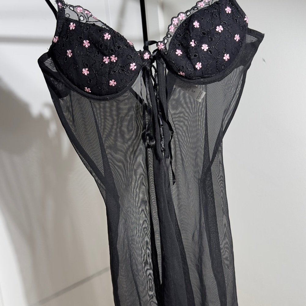 LaSenza Vintage Black Sheer Chemise with Pink Floral Accents